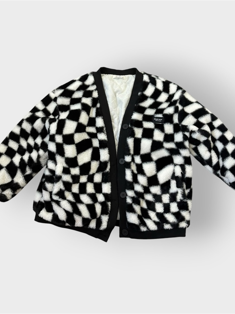 Black White Checkered Distorted Fuzzy Jacket - Lightweight Quilt Padded Interior